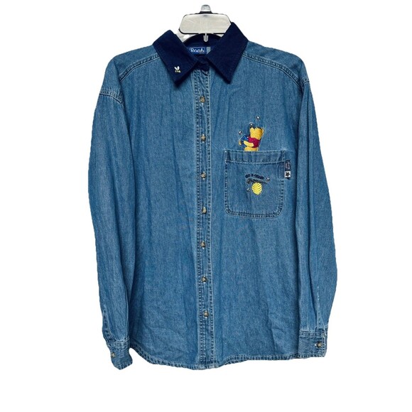 VTG Disney Winnie Pooh Bees Honey Pot Chambray Denim Button Up Corduroy Collar S - Picture 1 of 4